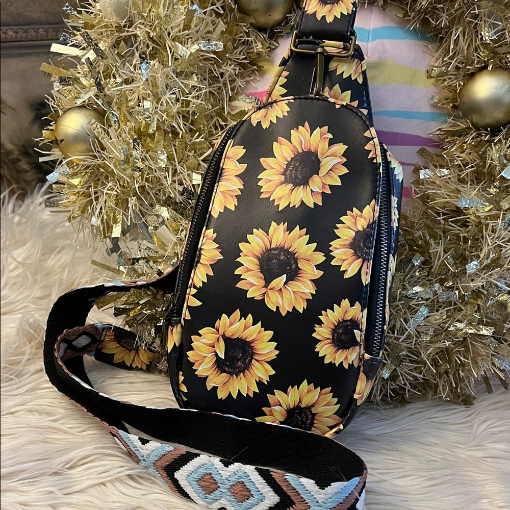 Sunflower themed sling or crossbody bag with adjustable strap